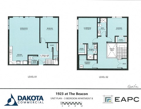 Floor plan for 2 beds, 2.5 baths, 1750 sqft